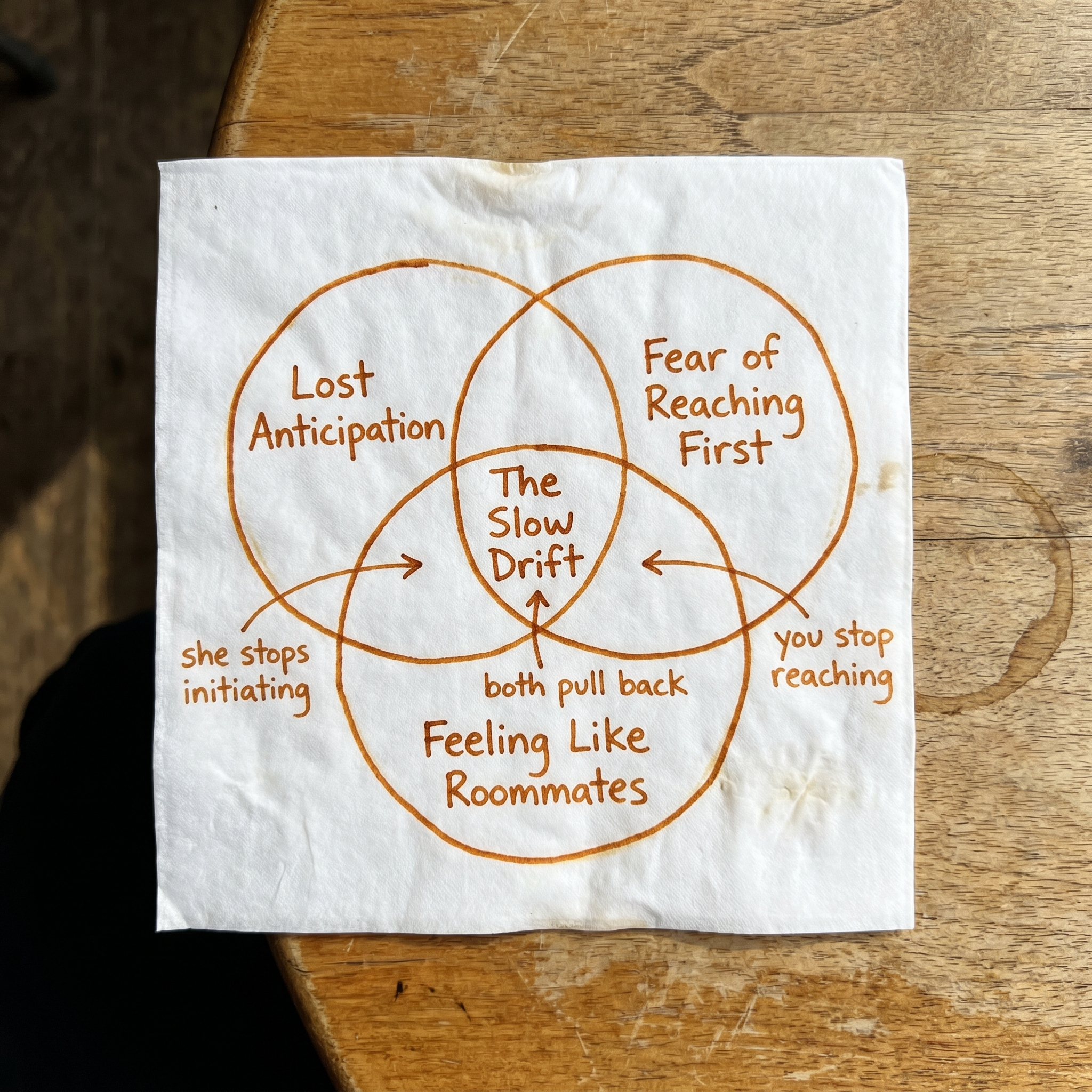 Hand-drawn napkin Venn: Lost Anticipation, Fear of Reaching First, Feeling Like Roommates — overlapping at The Slow Drift