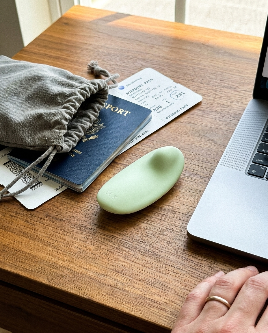 Petal Nyx on a desk beside a passport, travel pouch, and laptop — packed for travel